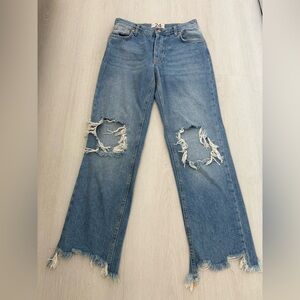Blue Flare Wide Leg Jeans with Distressed Details